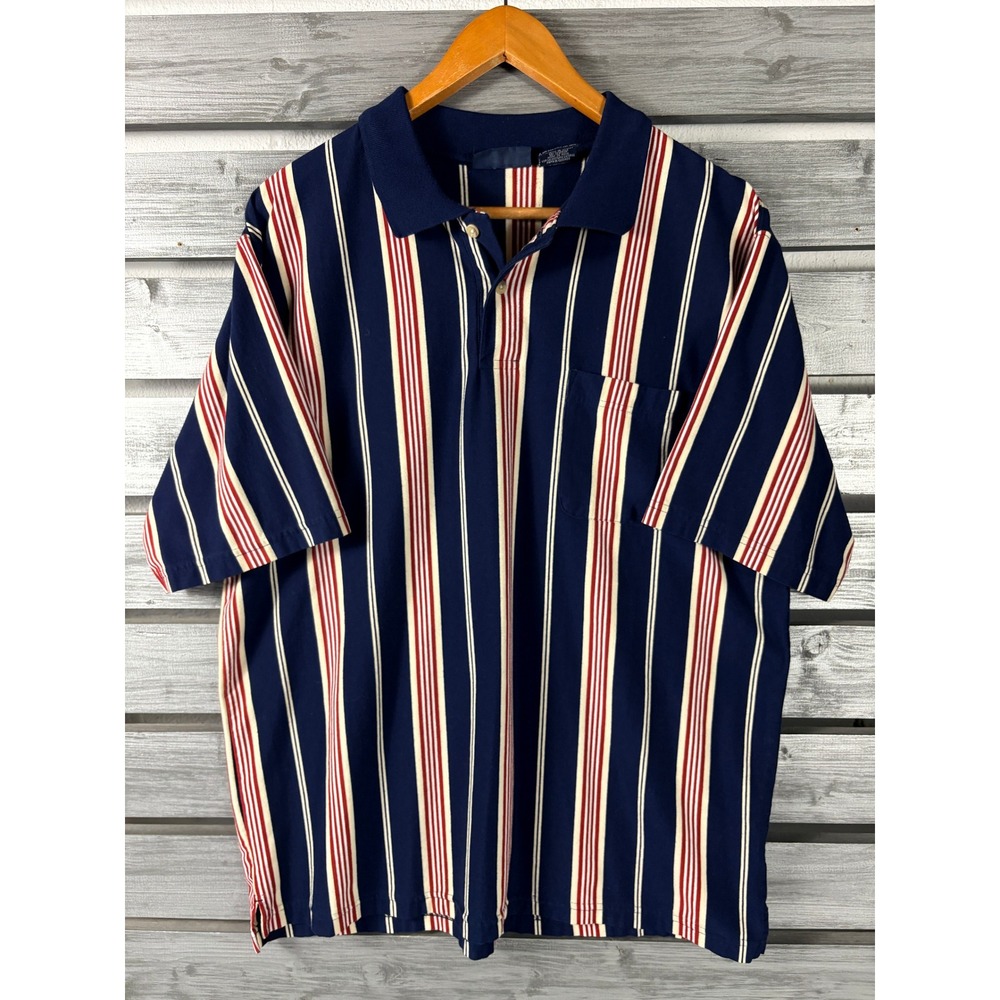 Puritan Mens L Polo Shirt Navy Blue Red Vertical Striped Short Sleeve Vtg Rugby